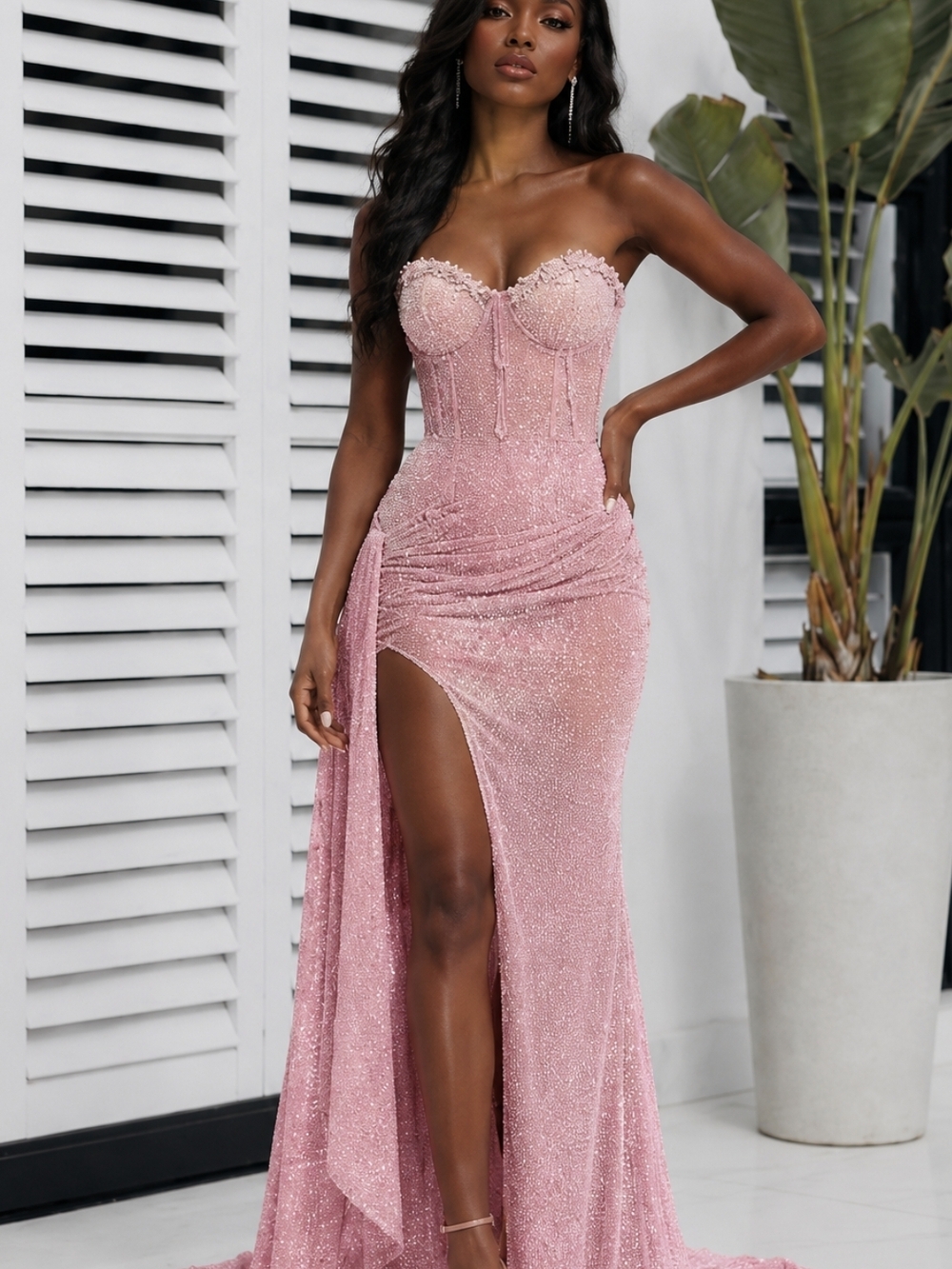 Strapless Ruched Glitter Evening/Prom  Gown in Dusty Pink